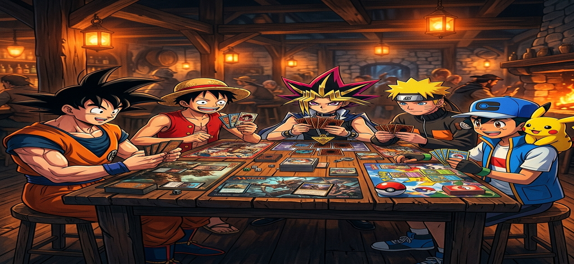 Personagens de anime jogando card games na Taberna Virtual